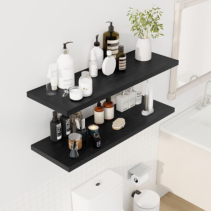 40" Floating Shelves for Wall, 12" Deep Slim Black Floating Shelves, Wall-Mounted Shelves for Bedroom, Living Room, Kitchen, Bathroom - Set of 2-Ruum Studio Home