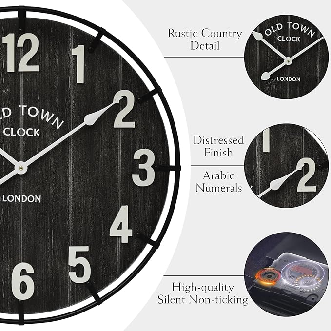 Large Old Town Farmhouse Wall Clock – 24 Inches Rustic Antique Wood with Metal Circle and Large Numerals, Silent Battery Operated Clock for Office, Kitchen, Bedroom, Living Room (Black)-Ruum Studio Home