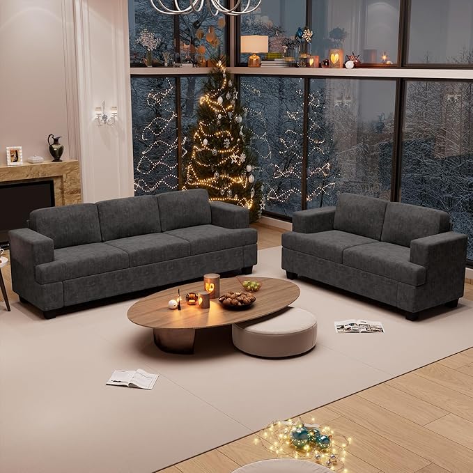 2 Piece Set Comfy Sofa Couch, 3 Seater & Loveseat Sofa with Deep Seats, Modern Sleeper Couch for Living Room, Dark Grey Chenille-Ruum Studio Home