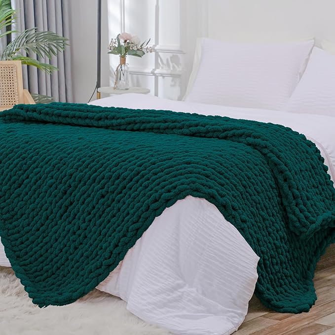 Bigacogo Chunky Knit Throw Blanket for Couch, 51x63 inches, 100% Hand Knitted with Thick Jumbo Chenille Yarn, Cozy Soft Large Rope Knot Cable Crochet Blankets for Sofa Bed Living Room, Dark Green-Ruum Studio Home