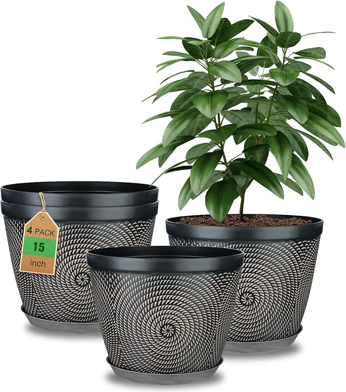 Quarut 15 Inch 4 Pack Large Plant Pots, Plastic Flower Pot for Indoor & Outdoor with Drainage Holes & Saucer, Circle Pattern Planters Garden Pots for Herbs-Ruum Studio Home