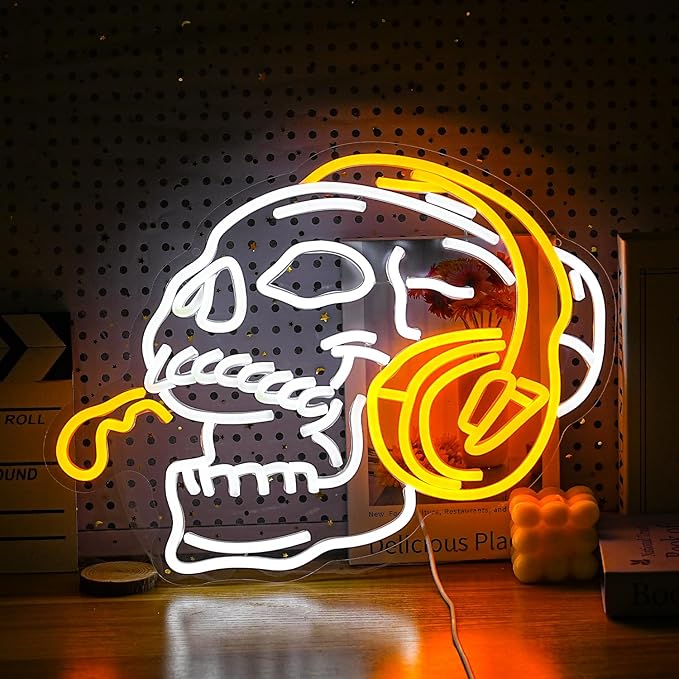Skull Headphone Neon Sign Headphone Neon Light for Wall Decor LED Dimmable USB Skull Light Up Sign for Halloween Party Game Room Personalized Gifts(12.6 * 16.5In)-Ruum Studio Home