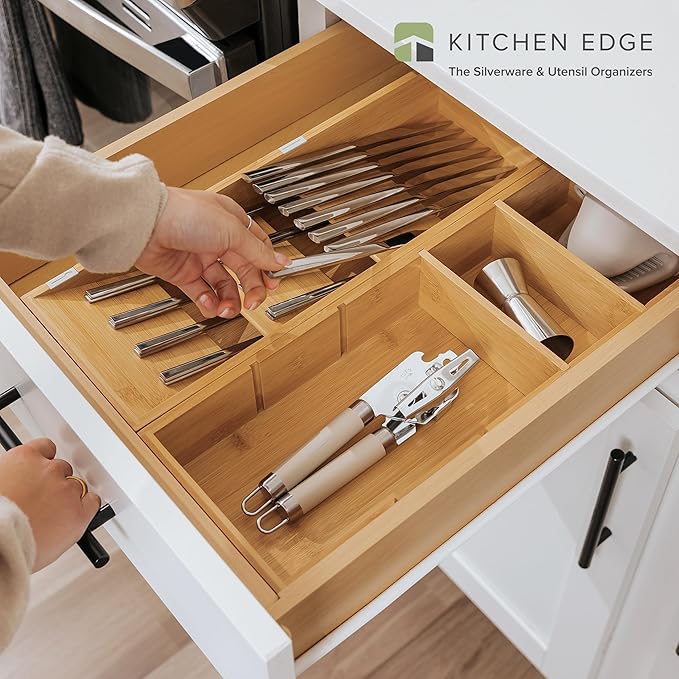 Premium Silverware and Utensil Drawer Organizers – Slanted 3-Compartment and 5-Compartment Design, Labeled Slots, Non-Slip Feet, 100% Sustainable Bamboo, 2 Pack-Ruum Studio Home