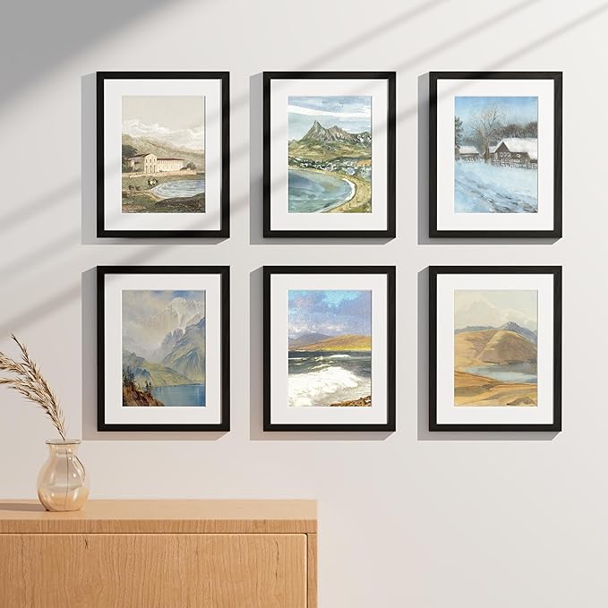 Vittanly 11x14 Picture Frames Set of 9, Shatter Resistant Plexiglass, Display 8x10 Pictures with Mat or 11x14 without Mat, Photo Frames for Wall or Tabletop, Engineered Wood, Black-Ruum Studio Home