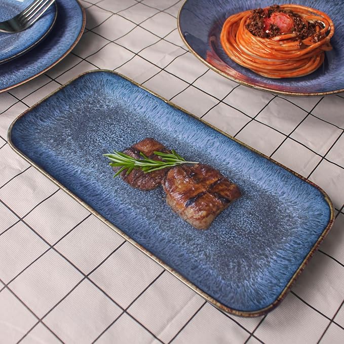 Ceramic Dinner Plates Dish Set,Set of 4, for Lunch snacks - Microwave, Oven & Dishwasher Safe,Scratch Resistant, Dinnerware Kitchen Porcelain Serving Dishes,Blue 12.4 Inch Rectangle plate-Ruum Studio Home