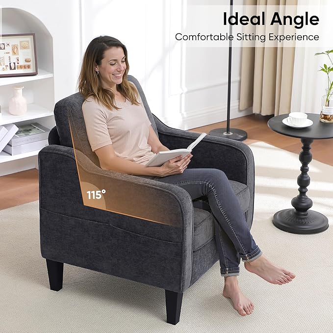 Accent Chairs Set of 2, Upholstered Living Room Chairs with Side Pockets, Mid Century Modern Reading Chair for Bedroom, Comfy Armchair Single Sofa Side Chair for Office, Small Room, Dark Grey-Ruum Studio Home