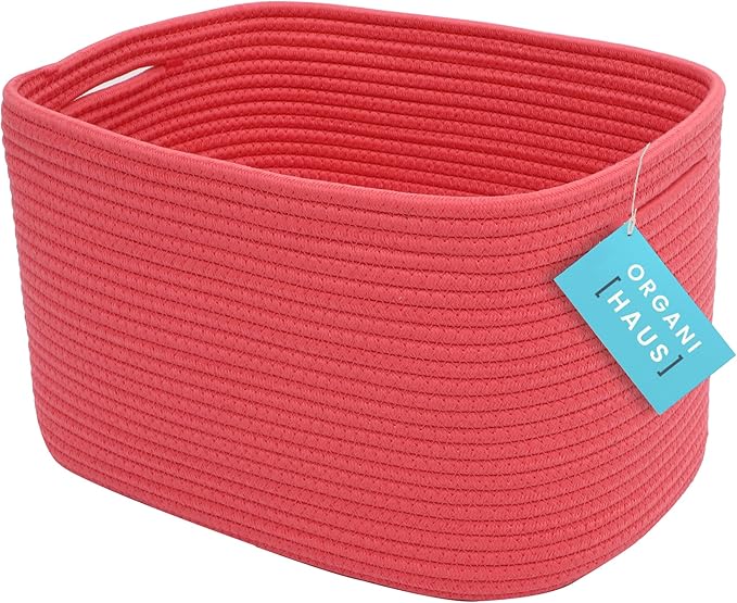 OrganiHaus Woven Storage Baskets for Organizing, Cotton Rope Organizer Bins for Shelves, Closet & Nursery, Dog Toy Basket, Decorative Bins for Toys, Towels & Books - 15x10x9, Red-Ruum Studio Home