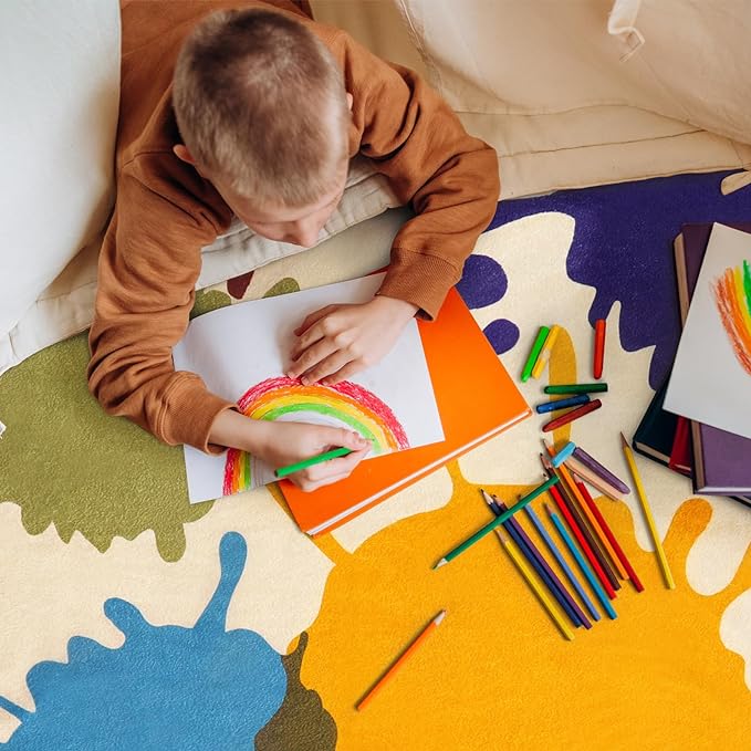 STARUIA Art Bedroom Rug, 4'x6' Machine Washable Kids Rug for Playroom, Paint Splash Rainbow Area Rugs for Classroom, Soft Colorful Living Room Rugs Throw Play Mat for Nursery Office Preschool-Ruum Studio Home