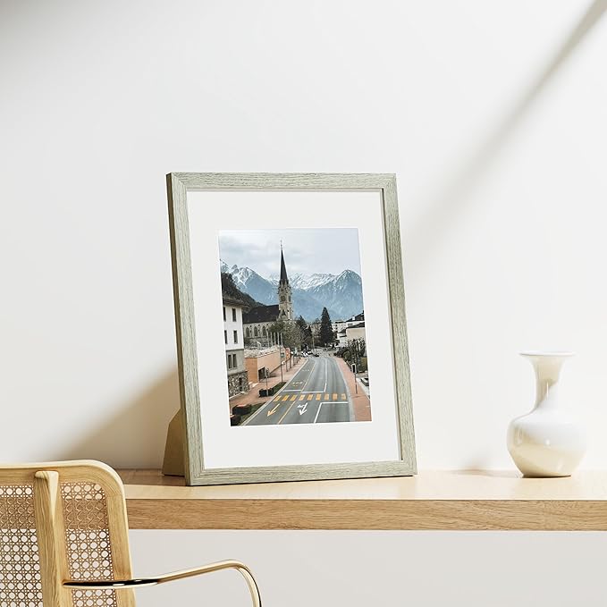 Vittanly 11x14 Picture Frames Set of 9, Shatter Resistant Plexiglass, Display 8x10 Pictures with Mat or 11x14 without Mat, Photo Frames for Wall or Tabletop, Engineered Wood, Driftwood-Ruum Studio Home