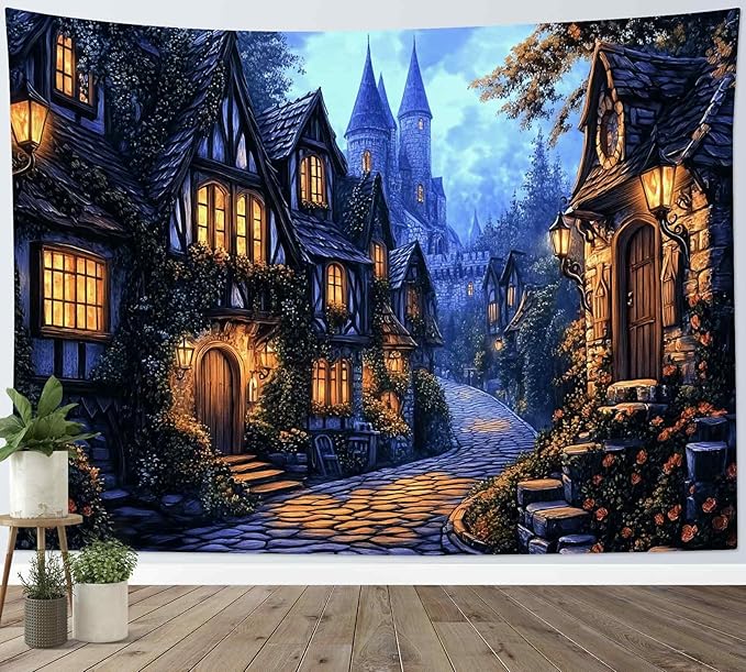 LB Vintage Castle Tapestry, Night Street Old House and Green Tree Wall Tapestry for Bedroom Aesthetic, Village Gothic Wall Art for Living Room Dorm Home Decor Ready to Hanging, 59 x 51 Inches-Ruum Studio Home