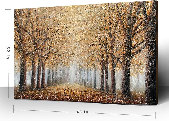 Large Tree Wall Art for Living Room Hand-Painted Forest Oil Painting Framed Yellow Grove Artwork Autumn Landscape Canvas Picture for Living Room Bedroom Home Decorations Wall Decor Large 48"x32"-Ruum Studio Home
