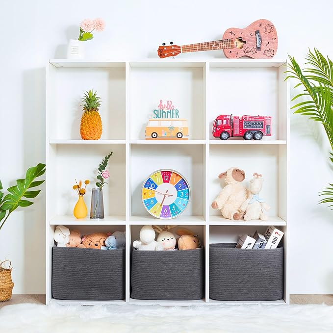 MINTWOOD Design 3-Pack Decorative Woven Storage Baskets for Shelves, Cube Bin Box for Organizing Books, Shoes, Dog Toys, Pantry Closet and Living Room Organizer, Charcoal Gray-Ruum Studio Home