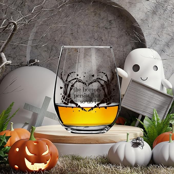 The Horrors Persist But So Do I Wine Glass,Skeleton Heart Hands,Funny Halloween&Valentine's Day Wine Glass,15oz-Ruum Studio Home