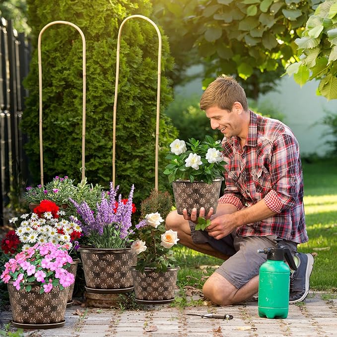 8 Inch Planter Pots for Plants, Plastic Flower Pots Indoor Outdoor, 5 Pack Resin Plant Pot with Drainage & Saucer, Retro Decorative Garden Pot with Removable Trays for House-Ruum Studio Home