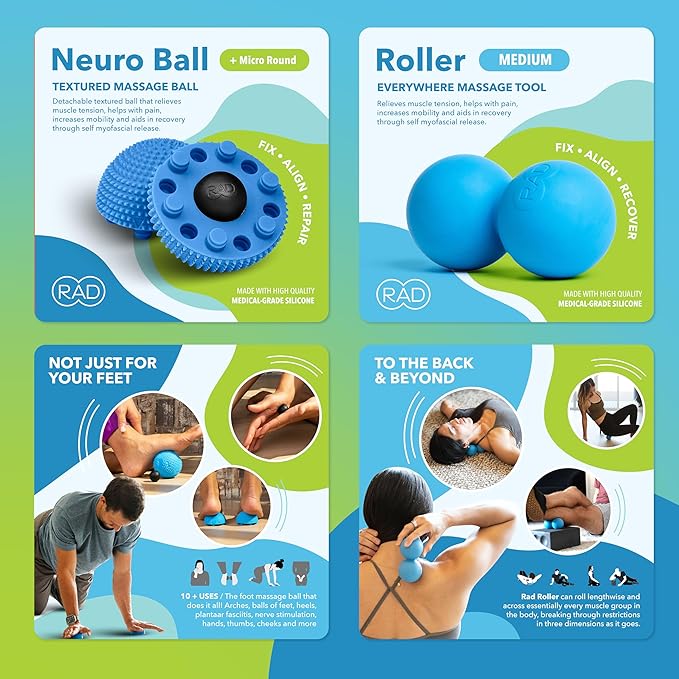 RAD Back Relief Massage Set – Myofascial Release Bundle for Back Pain, Muscle Recovery, and Mobility - Includes Exercise Foam Rollers, XL Peanut Massage Ball, and Neuro Ball Foot Roller-Ruum Studio Home