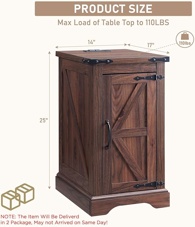 JXQTLINGMU Farmhouse Nightstand Set of 2 with Charging Station, 17" D Rectangular End Table with Barn Door & Adjustable Storage Shelf, Wood Rustic Sofa Side Table for Living Room, Bedroom, Brown-Ruum Studio Home
