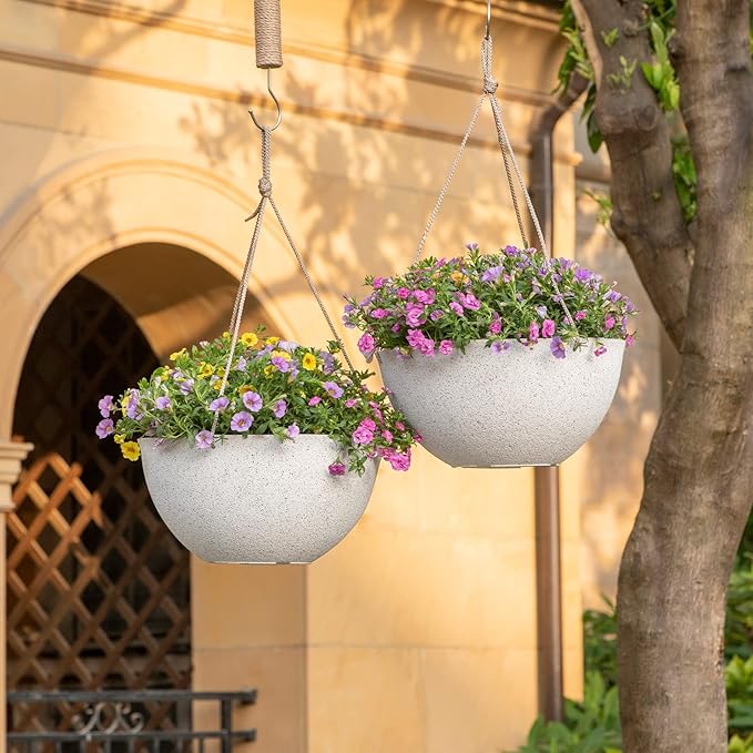 LA JOLIE MUSE Large Hanging Planters for Outdoor Plants - 13 Inch Hanging Flower Pots Set of 2, Speckled White-Ruum Studio Home