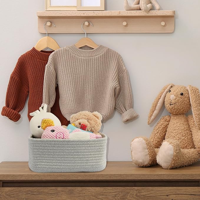 Small Woven Storage Baskets 12“X8”X5“ Decorative Rope Bins for Organizing Shelves, Closets, and Toys, Empty Gift Baskets, Cute Organizer Basket for Home and Office (grey, regular)-Ruum Studio Home