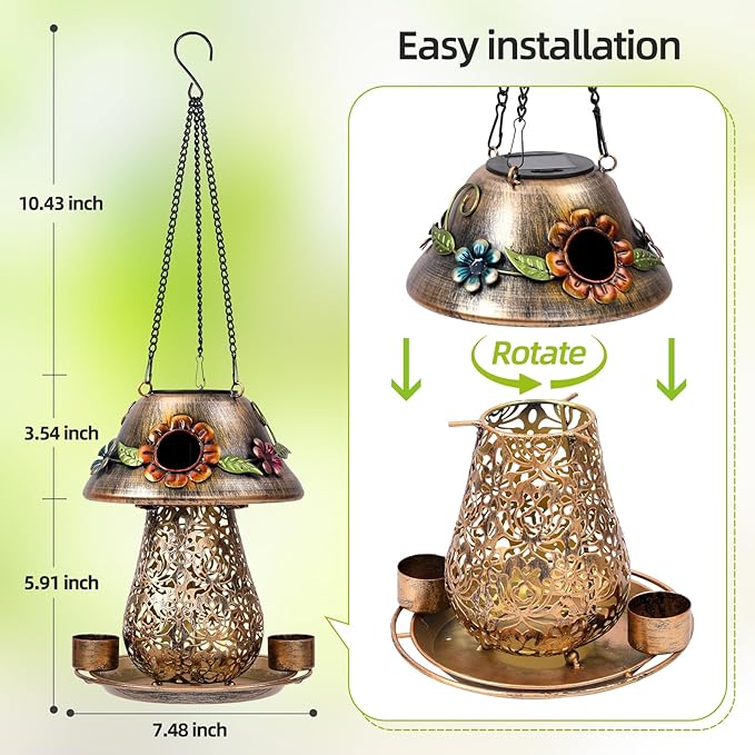 Mushroom Solar Bird Feeders for Outdoors Hanging Metal Wild Bird Feeder Garden Lantern with S Hook for Garden Decoration Brown-Ruum Studio Home