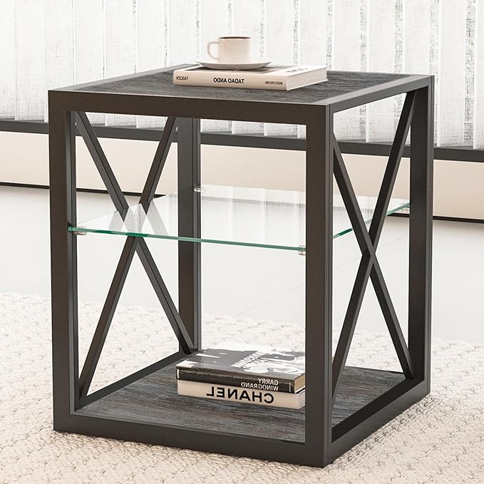 Farmhouse End Table, Modern Side Table with 3-Tier Storage Shelf, Square Rustic Nightstand, Accent Tea Table, for Bedroom Office Living Room, Grey, Natural Wood, Glass, Metal-Ruum Studio Home