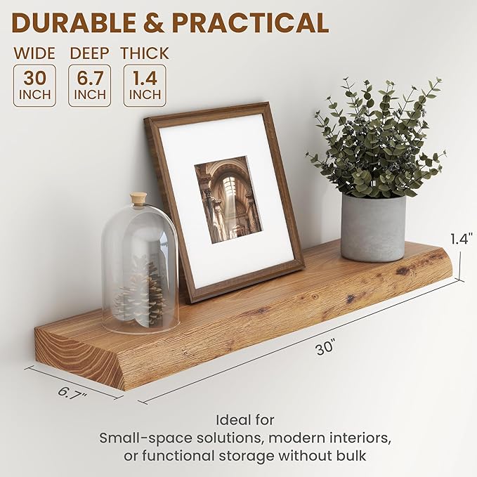 30" Floating Shelves, Live Edge Solid Elm Wood Floating Shelf, Wall Mounted Display Shelves with Heavy-Duty Bracket for Books, Rustic Wooden Shelf for Kitchen, Bathroom, Natural Color, Set of 2-Ruum Studio Home