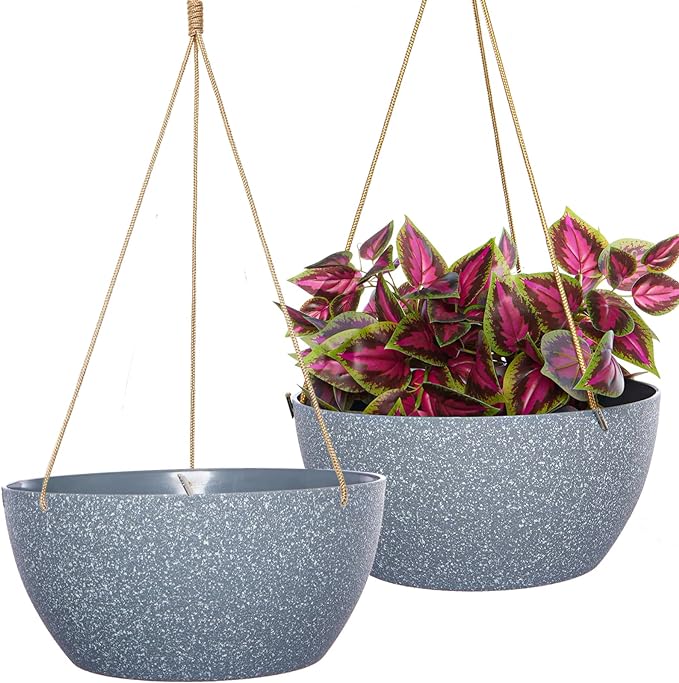 12 Inch 2 Pack Large Hanging Planters for Indoor Outdoor Plants, Plastic Hanging Basket Pots for House Plants Flowers, Grey-Ruum Studio Home