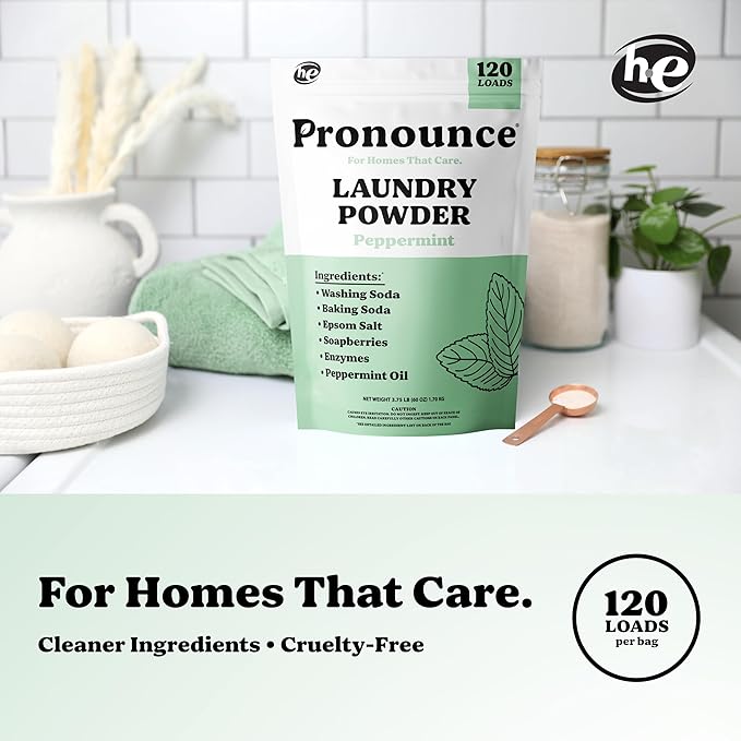 Pronounce Laundry Detergent Powder Alternative | Non-Toxic, Eco-Friendly, Natural for Sensitive Skin, Eczema, and Babies. Stain + Smell Fighting. HE Safe (Peppermint, 120 Loads)-Ruum Studio Home