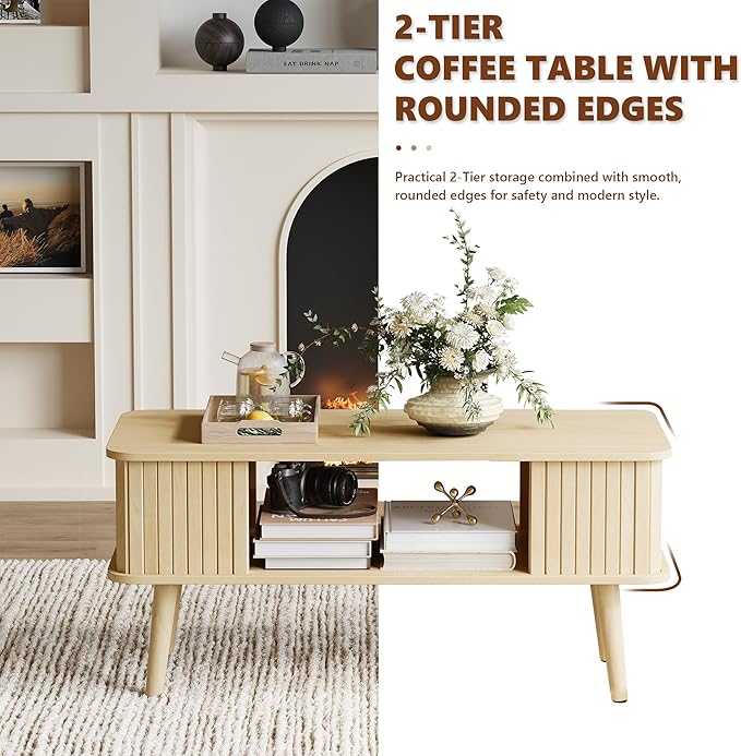 LAZZO Coffee Table with Storage Center Table for Living Room Rectangle Coffee Table with Rounded Edges,Easy Assembly, Natural Wood-Ruum Studio Home