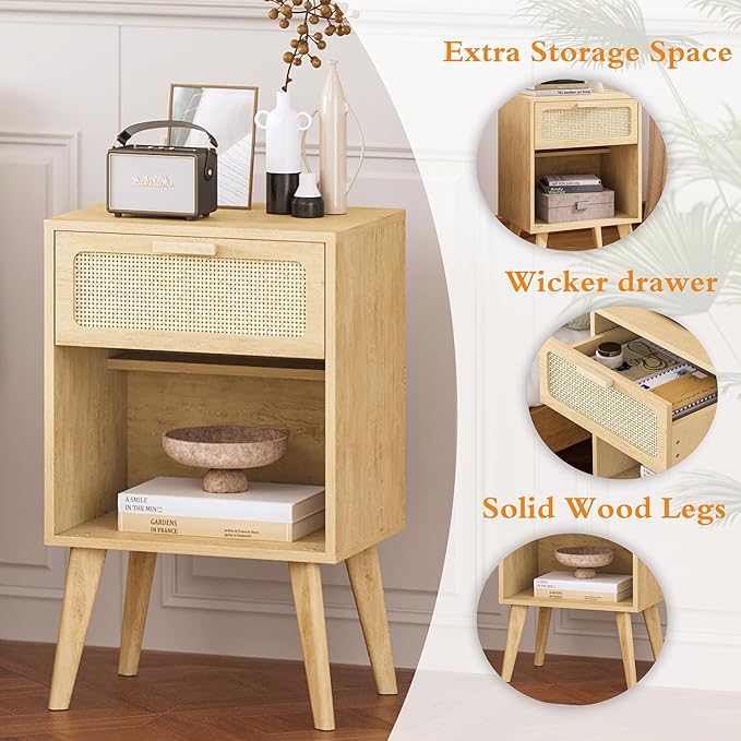 Rattan Nightstand with Opening Storage,Boho Bedside Table with Drawer,Wood Nightstand with Solid Wood Legs,End Side Table for Living Room,Bedroom,Small Space Natural CTG62Y-Ruum Studio Home