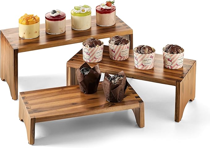 Acacia Wood Risers Display Stands Set of 3 - Wooden 3 Tier Cupcake Stand - 3 Tiered Riser for Vendors - Decorative Display Risers for Food Desserts Stand, Perfume, Funko POP at Party Wedding-Ruum Studio Home