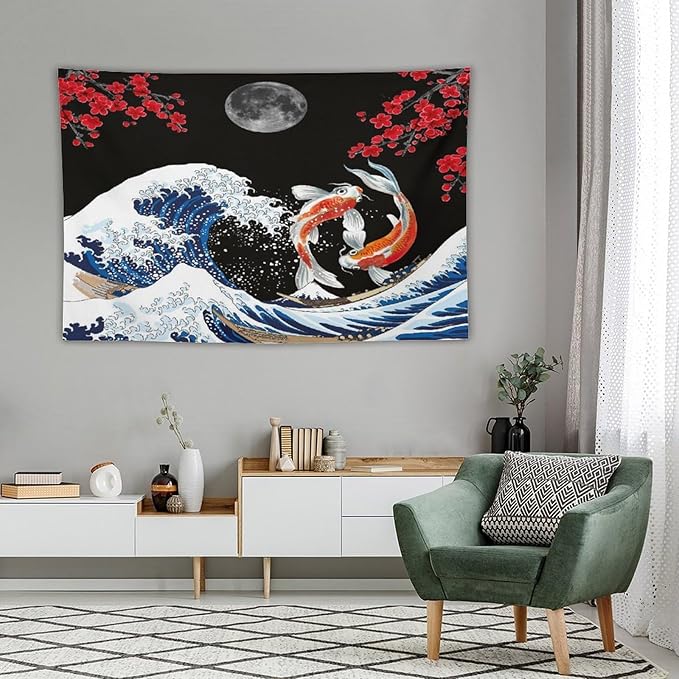 Houselerax Japanese Koi Fish Tapestry, Yin Yang Big Wave Red Cherry Blossom Tapestries Wall Hanging for Bedroom Living Room Office Decor 90"x60"-Ruum Studio Home