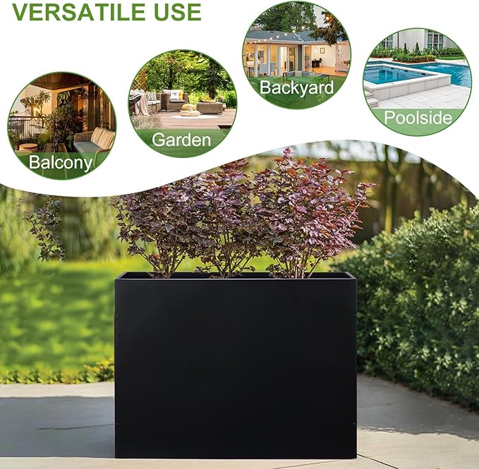 Metal Rectangular Planter Box Tall Planters for Outdoor Plants Modern Heavy Duty with Drainage Holes for Outside Indoor Patio Deck - Black, 32”x 12”x 24”-Ruum Studio Home