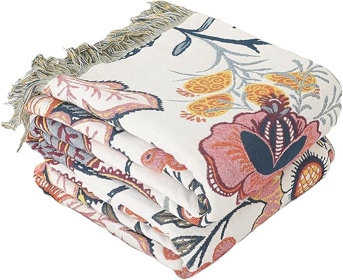 Snycler Boho Throw Blanket for Bed, 100% Organic Cotton Muslin Soft Throw-Floral Farmhouse Rustic Spring Summer Fall Decor Blanket for Couch Sofa Quilt and Gift, 80" x 90" White-Ruum Studio Home