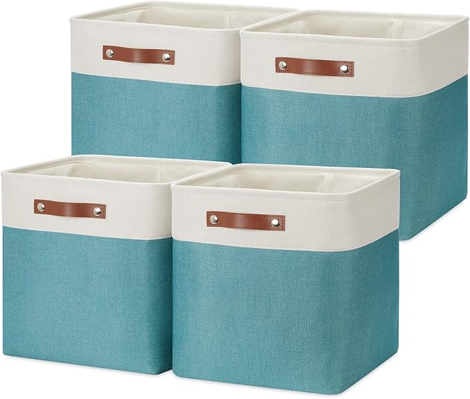 DULLEMELO Storage Bins for Organizing,Closet Storage Baskets for Gift Empty,Large Linen Canvas Storage Bins with Handles for Home Office Toys Shelves(White&Teal, 13 inch Cube)-Ruum Studio Home