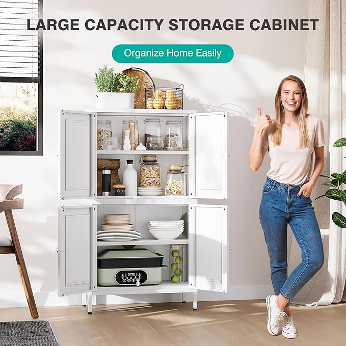 White Storage Cabinet with 4 Doors and 2 Adjustable Shelves,Narrow Food Pantry Cabinet with Leg,24 inch Wide Bathroom Cabinets,Small Metal Storage Cabinets for Home Kitchen,Dining/Living/Laundry/Room-Ruum Studio Home