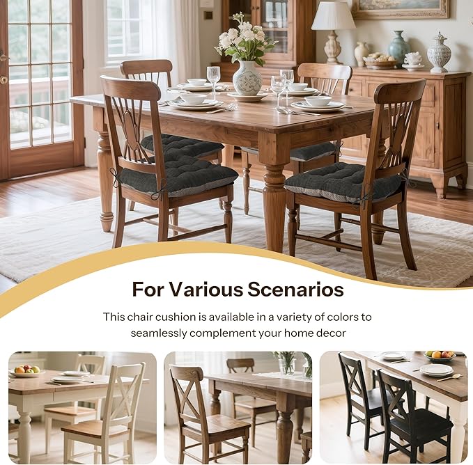 Non Slip Chair Cushions for Dining Chairs Set of 4 Kitchen Chair Cushions 18"x18"x3" Turfted Chair Pads Comfortable and Soft Seat Cushion with Ties, Dark Grey-Ruum Studio Home