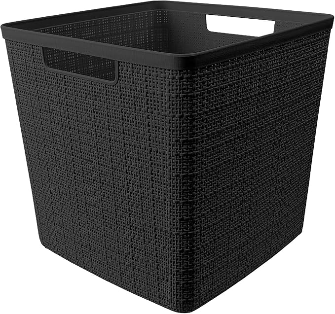 Curver Set of 4 Jute Large Cube Decorative Plastic Organization and Storage Baskets, Perfect Bins for Home Office, Closet Shelves, Kitchen Pantry and All Bedroom Essentials, Black-Ruum Studio Home
