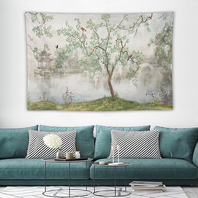 HZOHNAGO Japanese Tapestry Tree Misty Garden Lake Printed Wall Tapestry Ink Painting Wall Hanging for Bedroom Living Room Dorm 60" W x 40" H-Ruum Studio Home