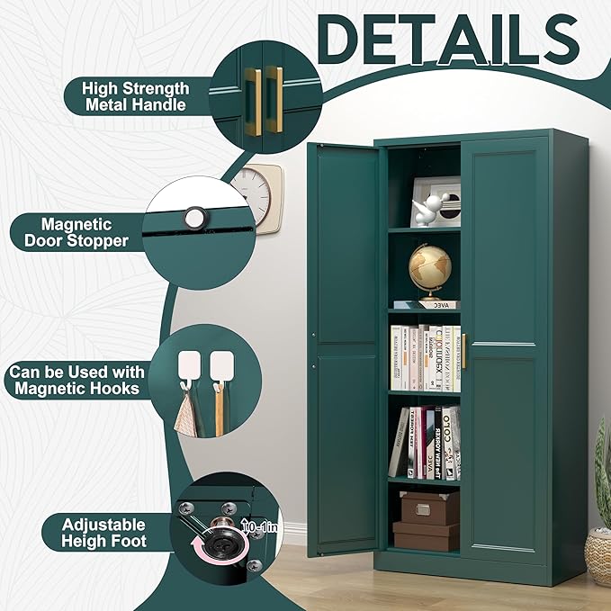 71" Storage Cabinet, Metal Pantry Cabinet, Kitchen Pantry Storage Cabinets with Doors and 4 Shelves, Cabinets for Laundry Room, Living Room, Dinning Room, Assembly Required, Green-Ruum Studio Home