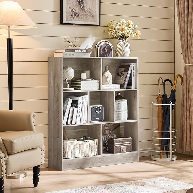 LEYAOYAO 7 Cube Bookshelf with Base,3 Tier Mid-Century Modern Grey Bookcase,Standing Wide Bookshelves Storage Organizer Shelf,Rustic Wood Display Cabinet Book Shelves for Bedroom,Living Room,Office-Ruum Studio Home