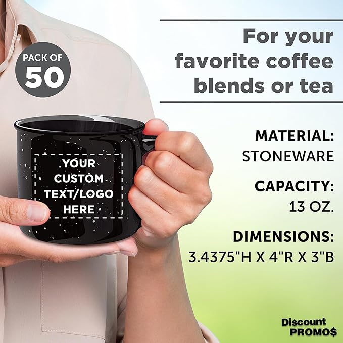 DISCOUNT PROMOS Custom Ceramic Campfire Coffee Mugs 13 oz. Set of 50, Personalized Bulk Pack - Perfect for Tea, Espresso, Cappuccino, Hot Cocoa - Black-Ruum Studio Home