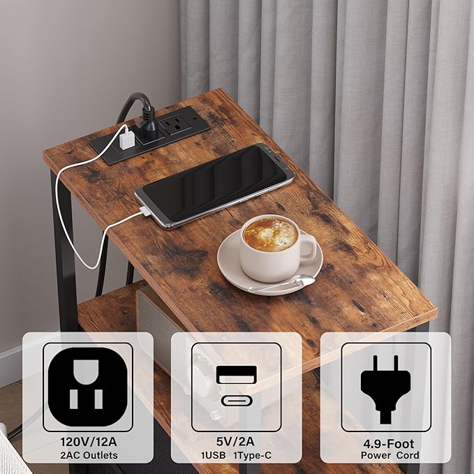 TUTOTAK Narrow LED Night Stand with Charging Station, Slim End Table with Plugins, Tall Side Table with 3 Fabric Drawer, Small Bedside Table with Storage, for Living Room, Brown TB01BB086L-Ruum Studio Home