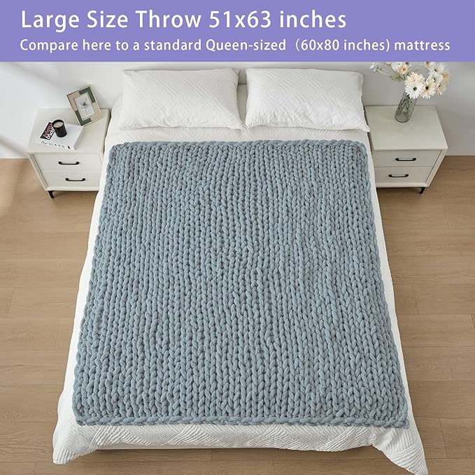Bigacogo Chunky Knit Throw Blanket for Couch, 51x63 inches, 100% Hand Knitted with Thick Jumbo Chenille Yarn, Cozy Soft Large Rope Knot Cable Crochet Blankets for Sofa Bed Living Room, Dusty Blue-Ruum Studio Home