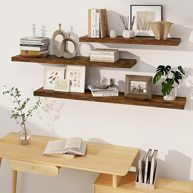 Fun Memories Floating Shelves, 8 Inch Deep Floating Shelves, Rustic Wood Fireplace Mantel 48 in Long, 48 x 8 Floating Wall Shelves for Living Room, Kitchen, Bedroom, Rustic Brown, 1 Pack-Ruum Studio Home