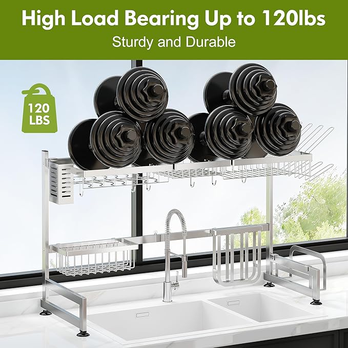 2 Tier Extra Large Stainless Steel Expandable Over The Sink Dish Drainer Drying Rack, Rust Proof Metal, Space Saving, Modern Silver Big Capacity Extendable Plate Strainers Above Kitchen Counter-Ruum Studio Home