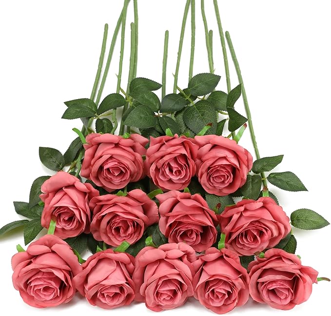 Pink Fake Roses Artificial Flowers - 16 Pcs Fake Artificial Roses Silk Flowers with Stems for Home Wedding Hotel Office Centerpiece Decor（Coral Pink）-Ruum Studio Home