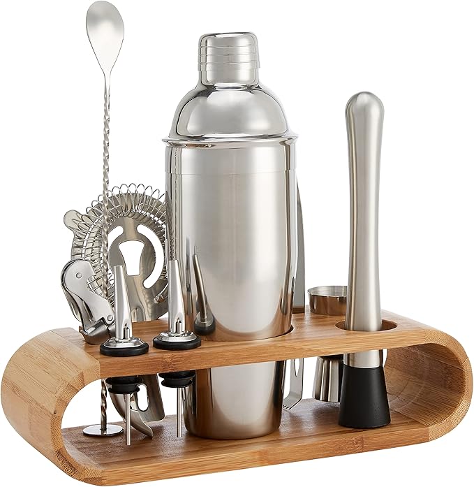 Amazon Basics 10-Piece Stainless Steel Bar Tools Set with Bamboo Stand Holder-Ruum Studio Home