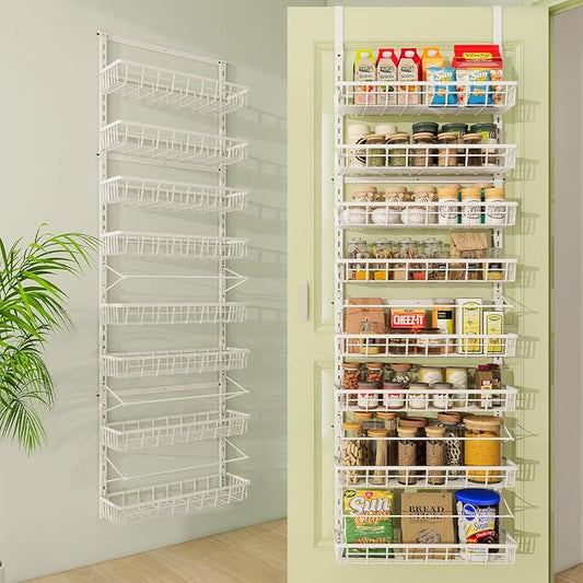 Over The Door Pantry Organizer, Wall Mount Spice Rack, Pantry Hanging Storage and Organization, 8 Adjustable Baskets Heavy-Duty Metal for Home & Kitchen, Back of Door Seasoning Rack - White-Ruum Studio Home