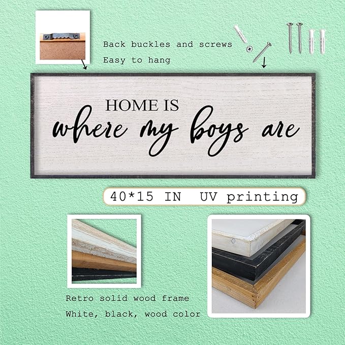 Home Is Where My Boys Are Wall Decor 40"×15" mom and her boys Sign for boys room Playroom Large Wood Framed Wall Hanging Art (Black)-Ruum Studio Home