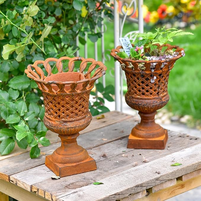 Sungmor Heavy Duty Cast Iron Urn Planter, Beautiful Hollow Trophy Design Tall Orchid Flower Pot, Large Decorative Plastic Flowers Plants Bouquets Vase, Rustic French Country Pot for Home or Garden-Ruum Studio Home